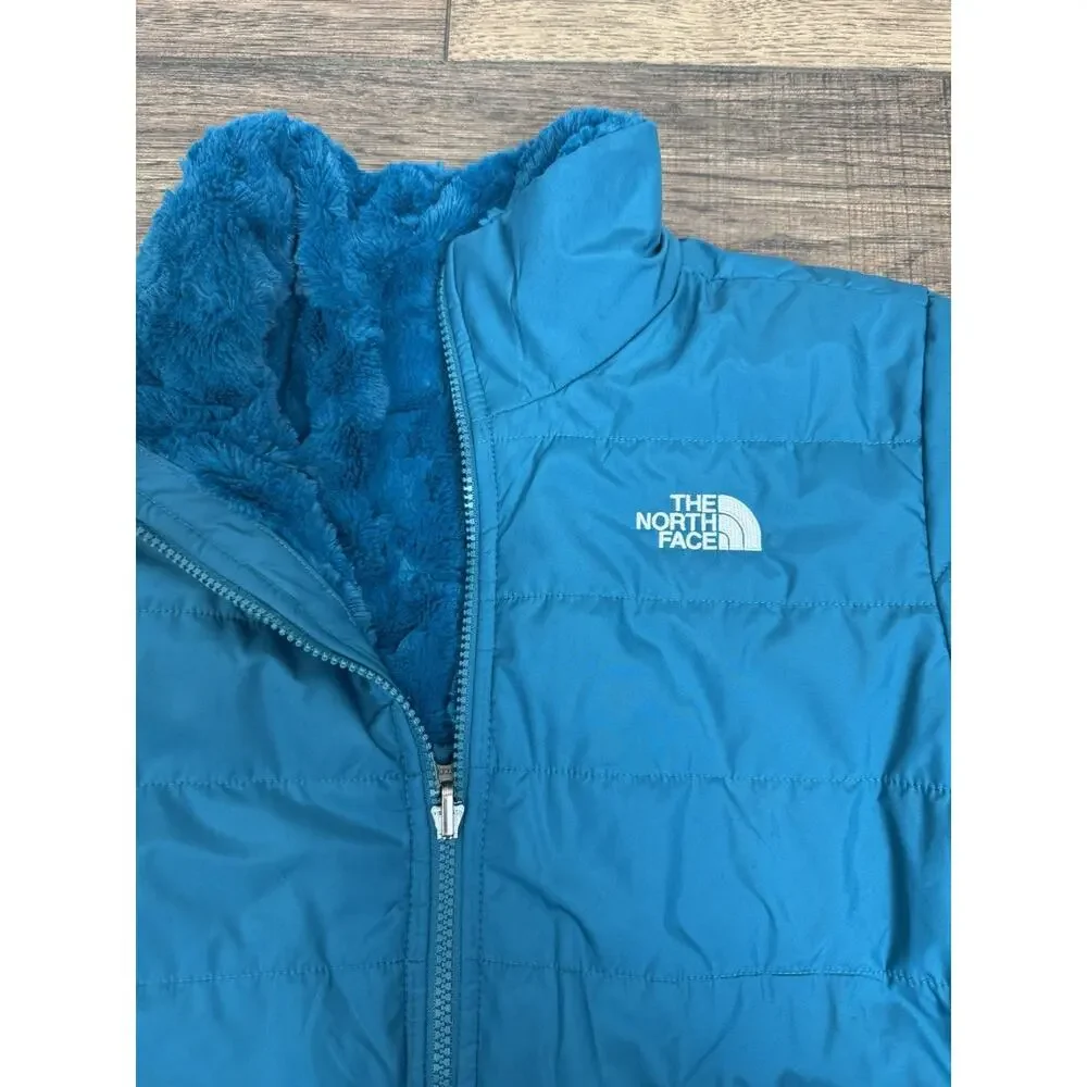 Girls The North Face Mossbud Faux Fur Coat Youth XL Reversible Teal Blue Sz 18